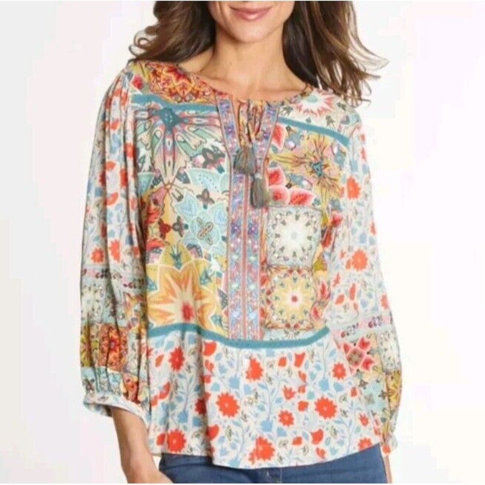 Boho Floral Patchwork Peasant Blouse - Multicolor
